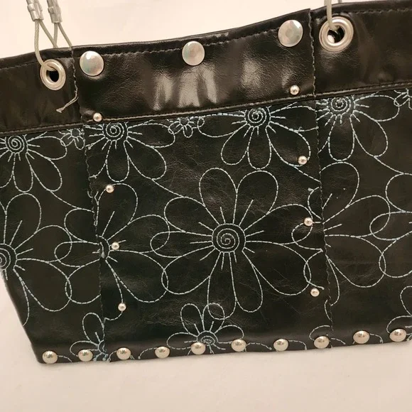 Hardwear By Renee Shoulder Tote Bag Upcycled Wood Rivets Cables Leather Floral - Picture 2 of 11